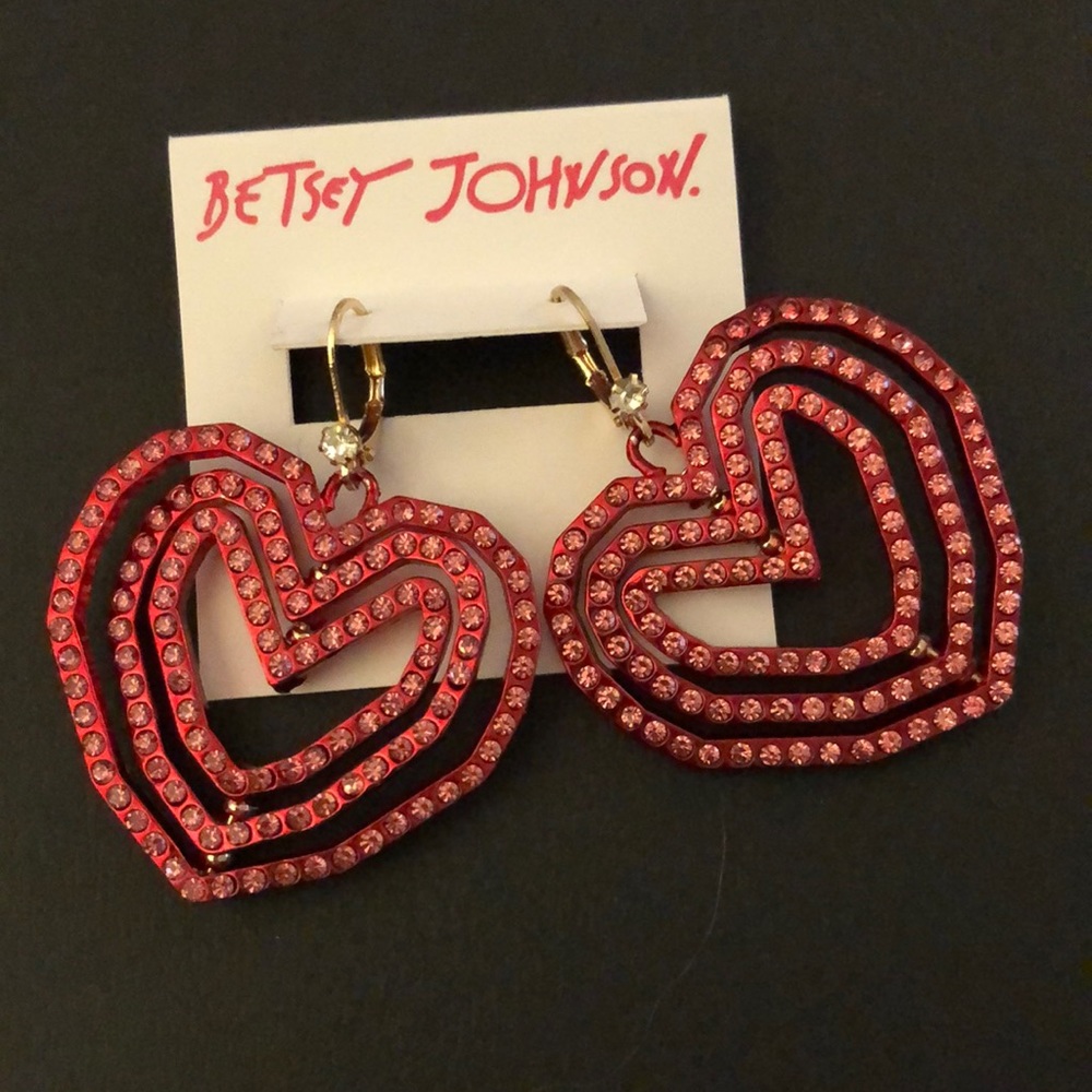 Betsey Johnson Red Metallic Look Into Your Heart Drop Earrings Pink Crystal NWT